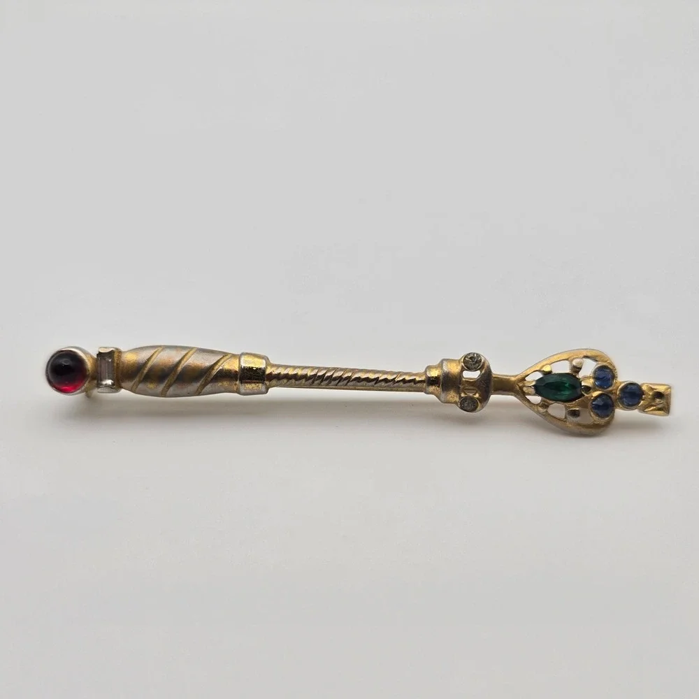 Vtg Scepter Bar Brooch Gold Tone Multi-Color Rhinestone Costume Royal 3